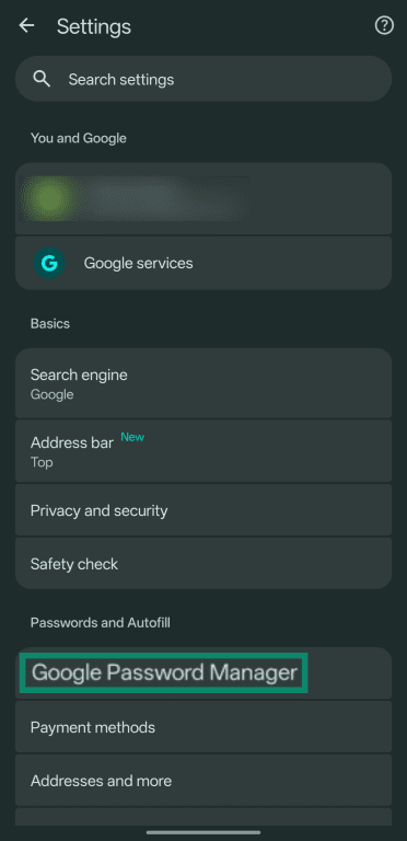 Screenshot showing the Google Password Manager option highlighted in the Settings menu of Google Chrome for Android.