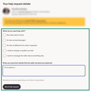 An Etsy interface showing a communication dialog box for reporting an issue with a specific order.