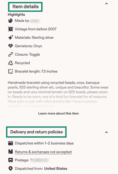 Item details, delivery, and return policies on an Etsy listing.