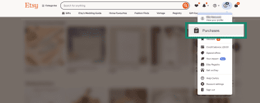Etsy's home page with the Your Account menu fully visible and the "Purchases" menu item in focus.