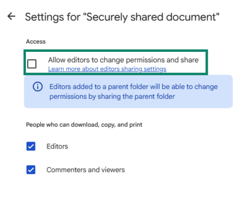 GDocs Share settings with the option to untick Editor permissions to share the document highlighted