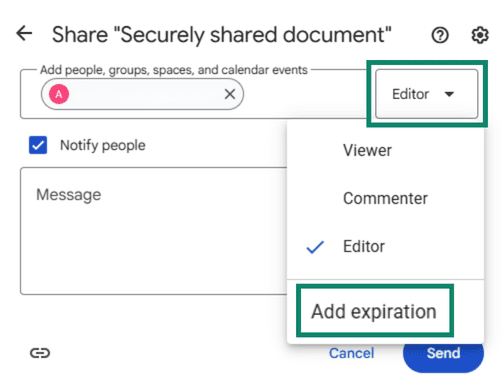 GDocs Share settings with the option to set an expiration date to the sharing link highlighted
