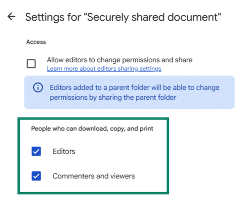 GDocs Share settings with the option to restrict the ability to download, print, or copy the document