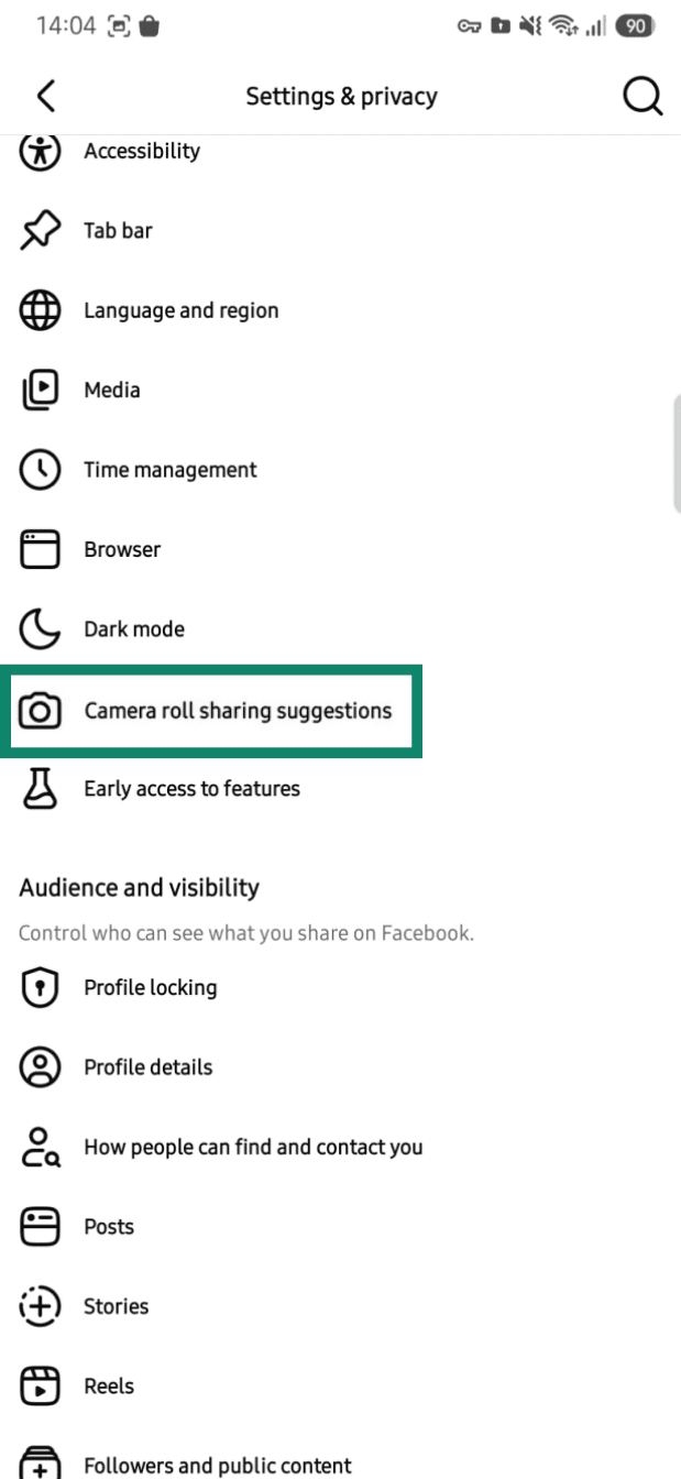 Facebook settings showing the "Camera roll sharing suggestions" highlighted.