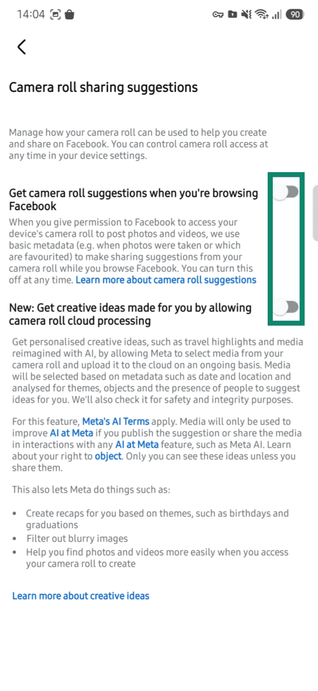 Facebook camera roll sharing suggestions highlighting the two options that can be enabled or disabled.