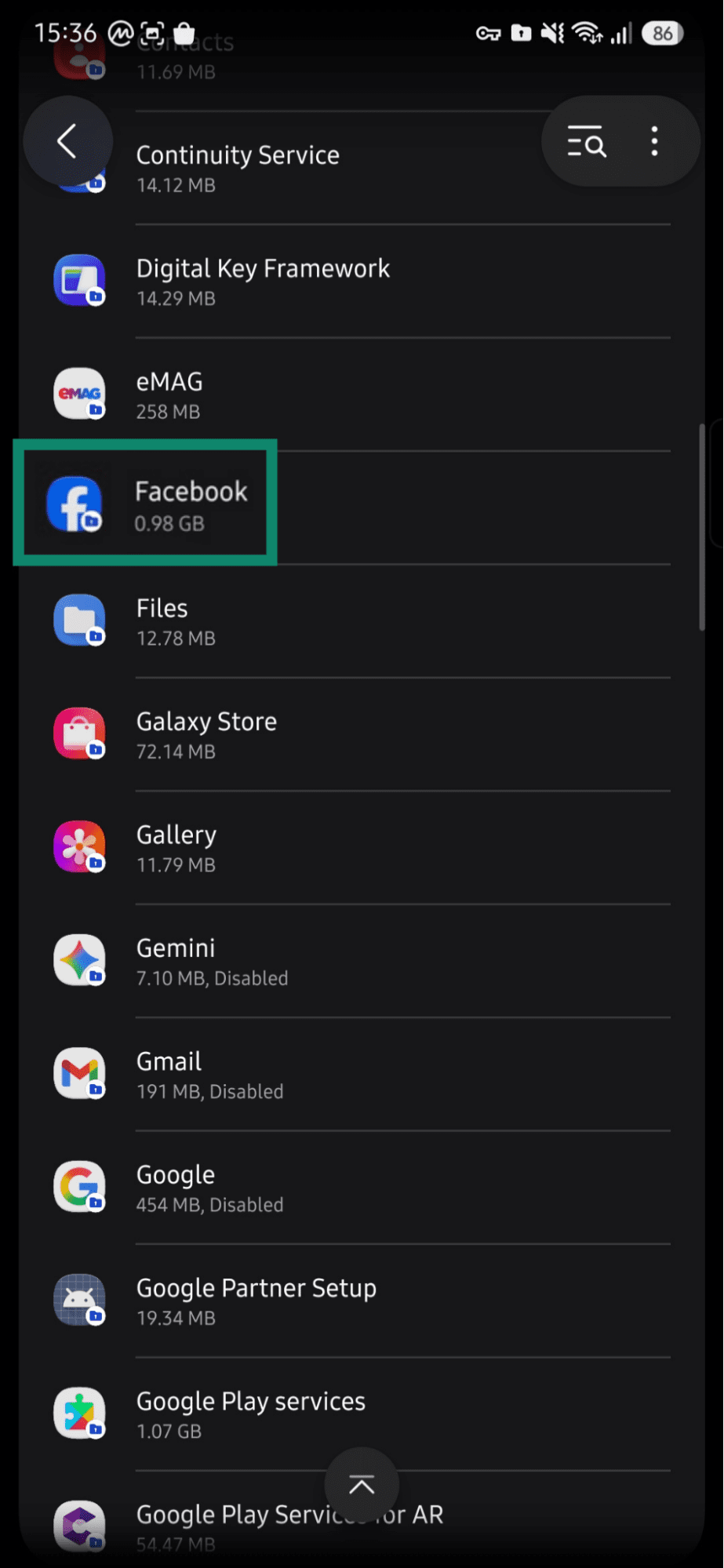 Android settings showing the "Facebook" app highlighted.