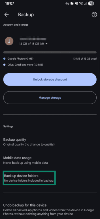 Google Photos Backup settings screen with Back up device folders option on Android.