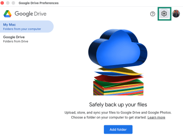 Google Drive Preferences window with the Settings icon highlighted.