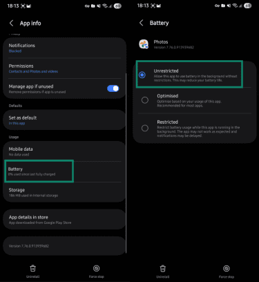 Google Photos battery settings on Android.