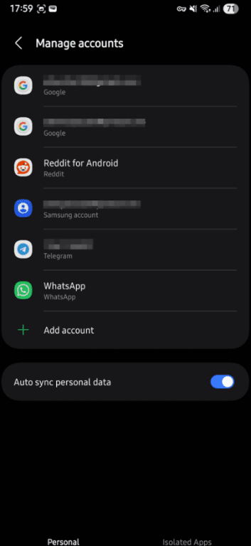 Android Manage accounts screen showing Google accounts on the device.