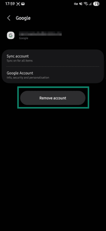 Google account settings screen with Remove account option.