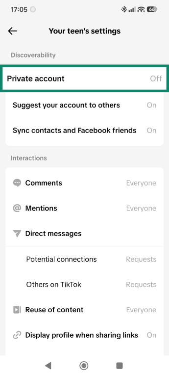 Teen account Privacy and safety settings, highlighting the Private account toggle.
