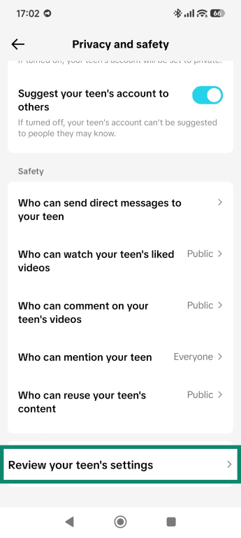Privacy and safety settings, highlighting the "Review your teen's settings" option.