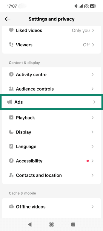 Settings and privacy menu, highlighting the Ads option.