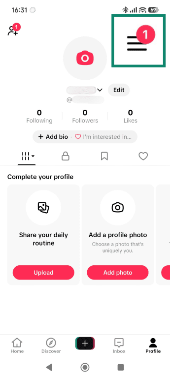 TikTok profile page, highlighting the menu icon.