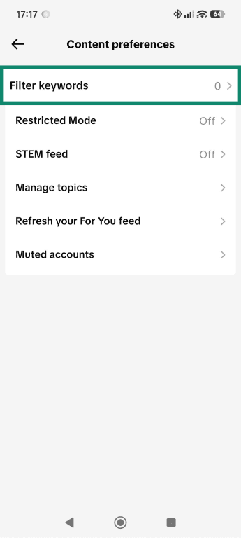 Content preferences menu, highlighting the Filter keywords option.