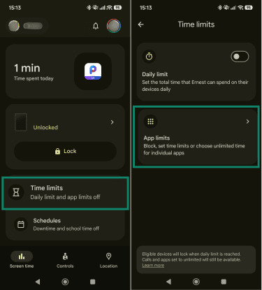 Google Family Link dashboard, highlighting the "Time limits" section, and the Time limits settings page, highlighting the "App limits" option.