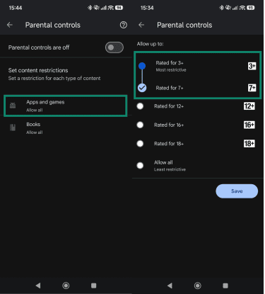 Parental controls screen, highlighting the "Apps and games" option, and the Apps and games content restriction screen, highlighting the selection for "Rated for 7+" and the "Save" button.