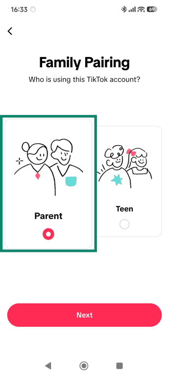 Family Pairing account selection screen, highlighting the Parent option.