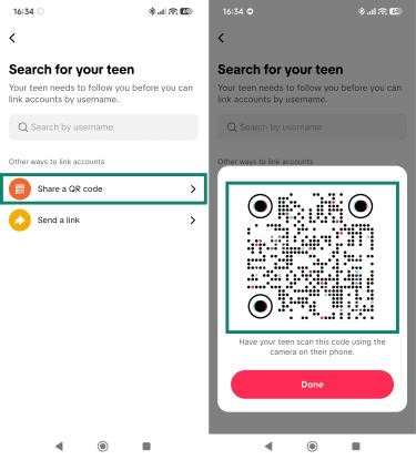 Search for your teen screen, highlighting the Share a QR code option and the QR code display screen, highlighting the QR code for Family Pairing.