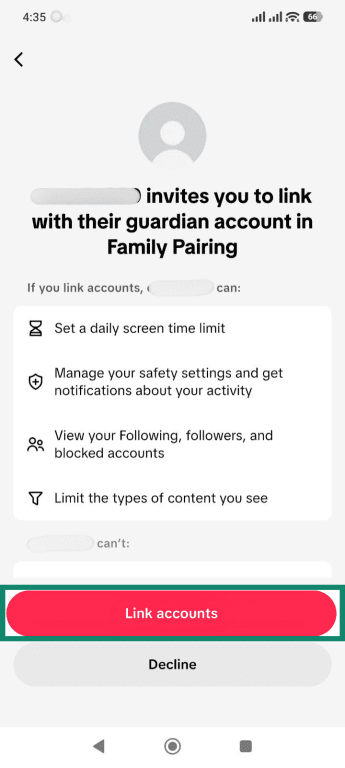 Account link invitation screen, highlighting the Link accounts button.
