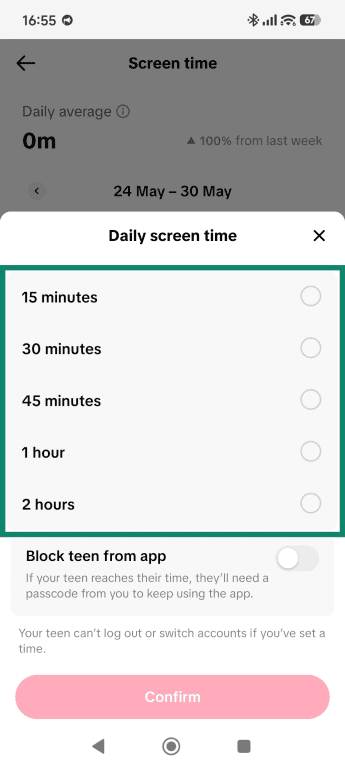 Daily screen time limit selection menu, highlighting the list of time options.