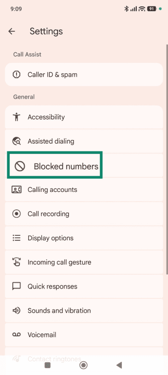 Blocked numbers is highlighted in the Android phone app settings.
