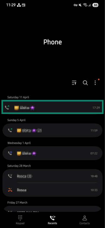 Recent calls list on Android.