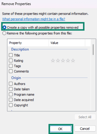 Create a copy with all possible properties removed selected in Windows