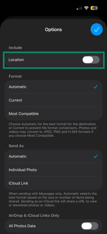 Location toggle turned off in iPhone sharing options to remove location metadata before sharing