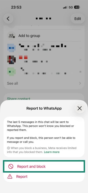 WhatsApp chat settings with the Report and block button highlighted.