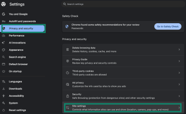 How to access Site settings on Google Chrome settings.