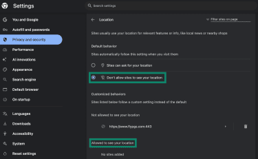 How to disable location sharing on Google Chrome for all sites.
