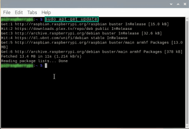 Raspberry Pi terminal running the "sudo apt update" command.
