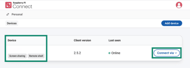 to the Devices tab, find your device, and select Connect via to view the available access options