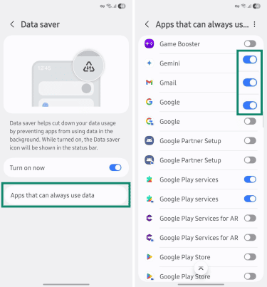Data saver screen with "Apps that can always use data" selected.