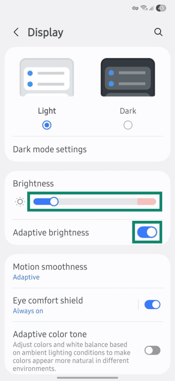 Android phone brightness settings.