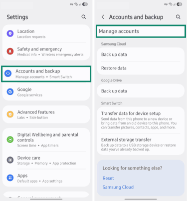 Accounts and backup menu on Android.