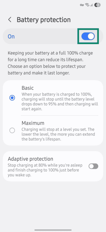 Enabling phone battery protection.