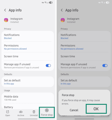 Force stopping an Android app.